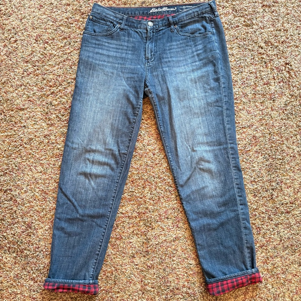 Eddie Bauer Womens Relaxed Boyfriend Flannel Lined Jeans Plaid Winter Warm Sz 12